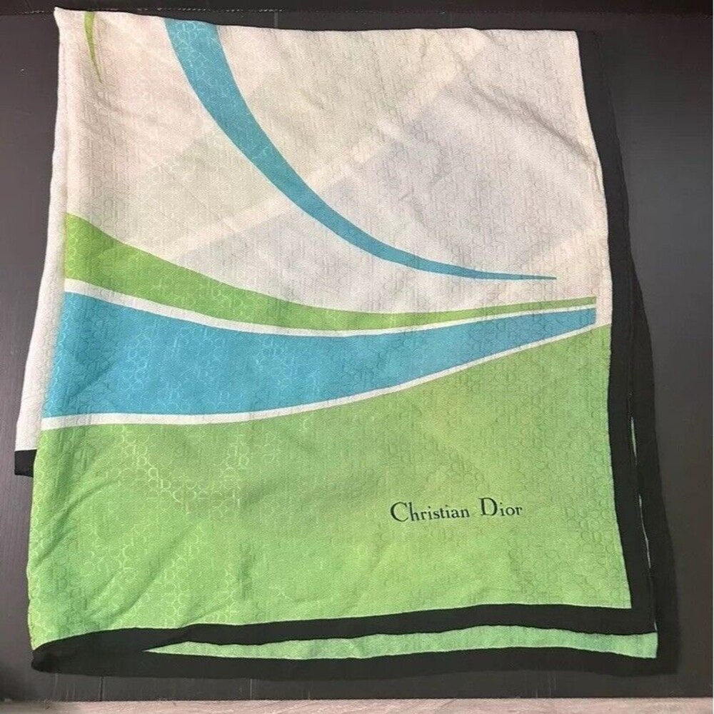 Vtg Christian Dior Multi-Color White Teal Green Black Abstract CD Monogram Scarf